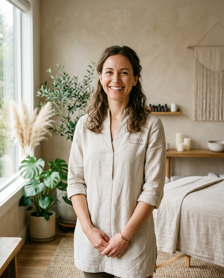 Samantha, licensed massage therapist, in her peaceful studio